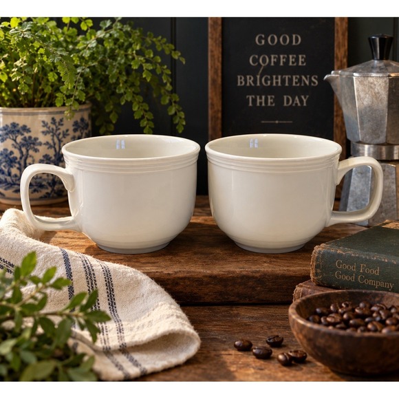 Fishs Eddy Other - Fishs Eddy White Coffee Mugs Set of 2 Oversized 4" Restaurant Ware Cups